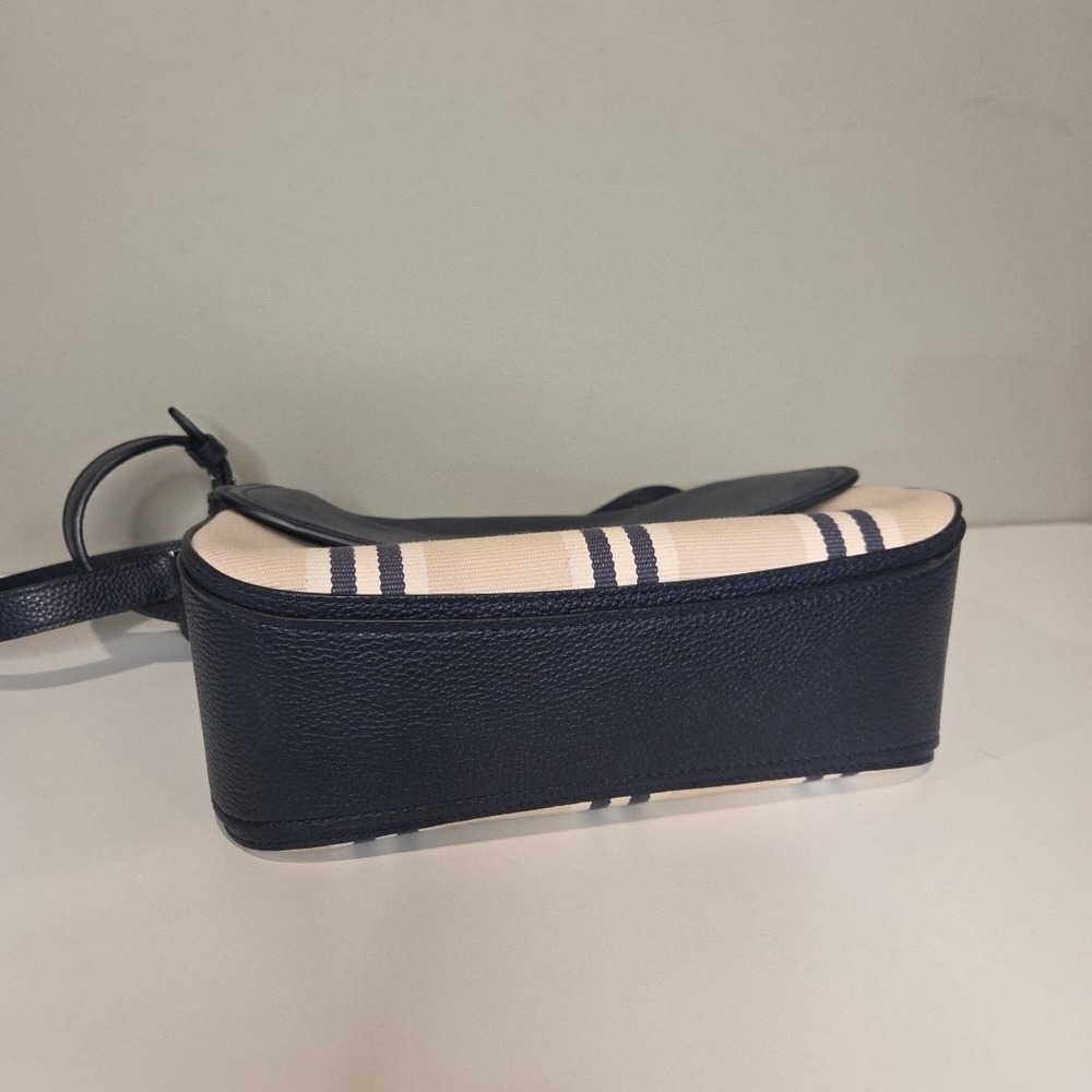 Kate Spade New York Crossbody Bag Navy Blue Leather Striped Canvas Flap Handbag - Picture 2 of 8